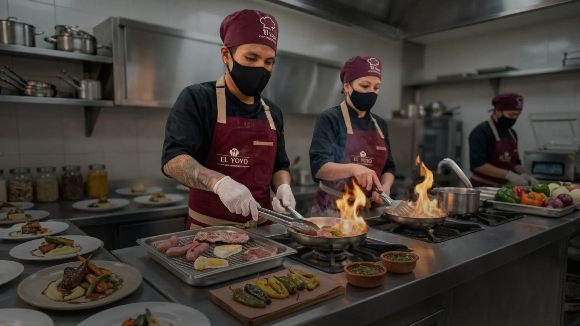 Cocineros de El Yoyo preparando platillos en la cocina